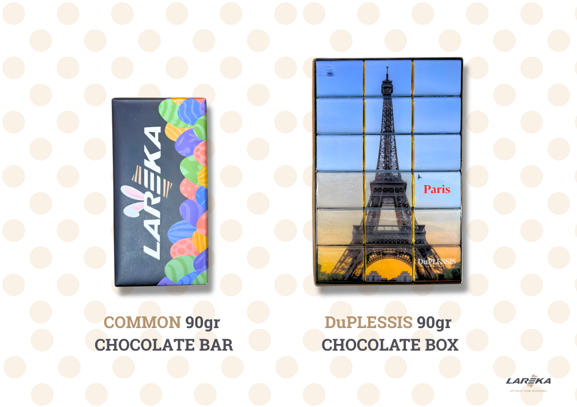 vergelijking tussen een gewone chocoladereep van 90 gram en een doosje DuPLESSIS-chocolade van 90 gram